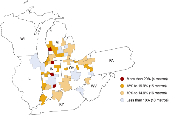 Figure 3: Manufacturing as a percent of all jobs by place of work, 2011
